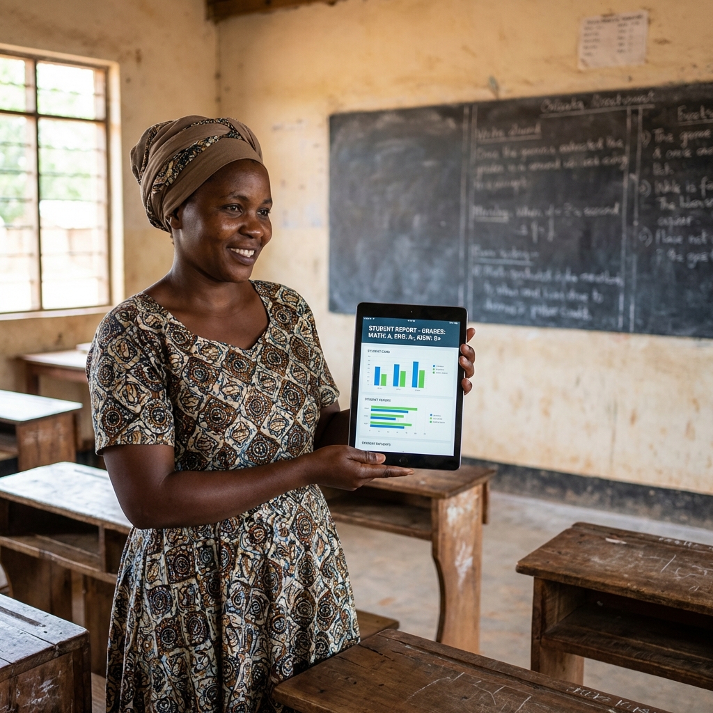 Teacher holding digital report card